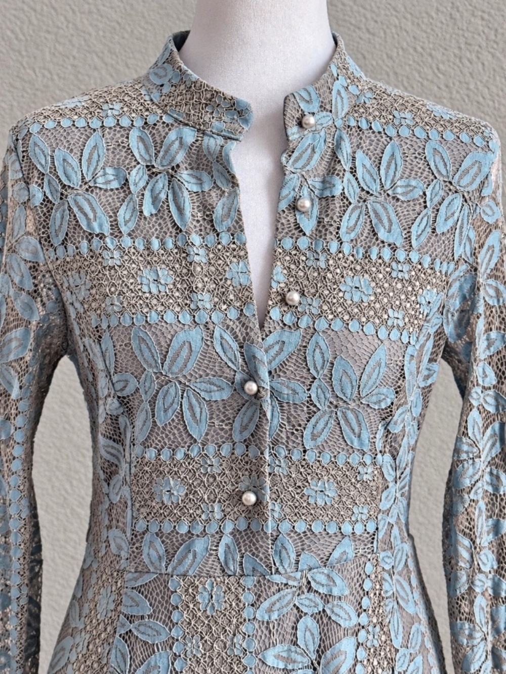 AIZHE Blue Gray Floral Lace Romantic Midi Dress Pearl Button Long Sleeve Medium - Picture 2 of 12